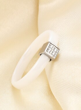 新款欧美ins简约光面4MM方形镶锆时尚百搭陶瓷拼接不锈钢戒指
