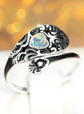 新款欧美波西米亚风纯银S925爱心石复古花纹戒指个性简约开口可调