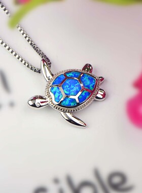 新款亚马逊ins风欧美风蓝色澳宝小龟项链乌龟吊坠毛衣链欧珀项链