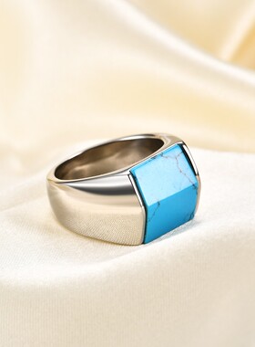 新款欧美不锈钢戒指男士13MM简约复古方形几何绿松石流钛钢戒指男