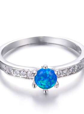 新款跨境shine经典六爪微镶锆石戒指指环女精美首饰圆形欧泊白金