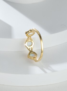 新款跨境亚马逊日式轻奢风黄金三颗白澳宝戒指女式时尚百搭指环