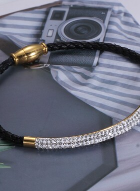 新款欧美时尚钛钢三排钻皮质女手链编织磁条可开口手链不锈钢手镯