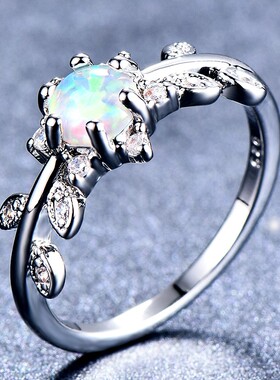 新款亚马逊跨境白金镶小钻树叶蓝澳宝戒指