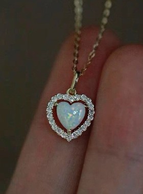 新款欧美时尚白金心形白澳宝项链白边白钻爱心吊坠锁骨链简约百搭