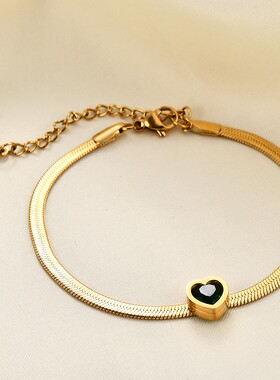 新款欧美时尚百搭14K金不锈钢镶单钻绿 白 粉色爱心锆石蛇链手链