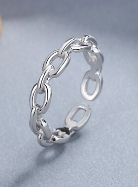 新款欧美简约十字链条4MM铜镀银戒指时尚个性百搭镂空可调节开口