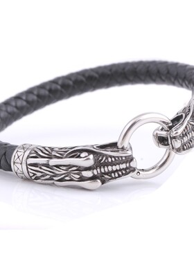 新款厂家 欧美ins钛钢双龙头皮革手链不锈钢铸造龙头个性手链