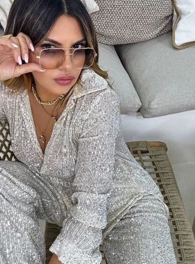 欧美两件套珠片上衣休闲气质长裤