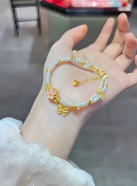 足金蝴蝶珍珠手链桃花手串生日礼物送女友闺蜜设计高级感叠带惊喜