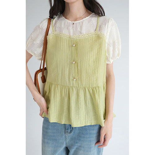 蓝若水大码女装假两件拼接短袖衬衫2026夏装新款甜美洋气显瘦上衣 - 图2