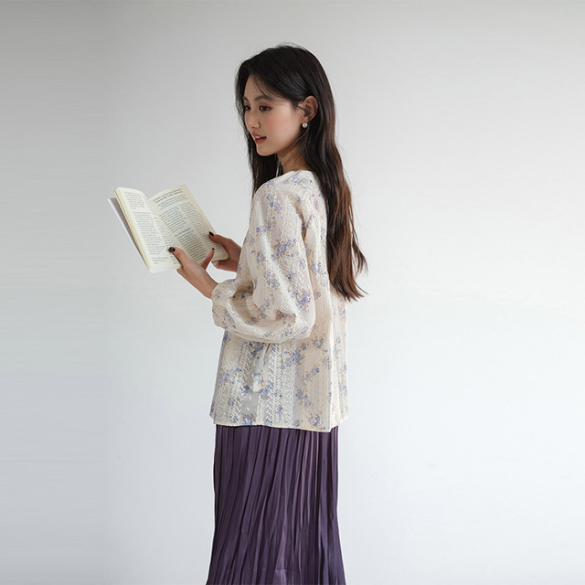 Blue Ruoshui French floral shirt loose slim top