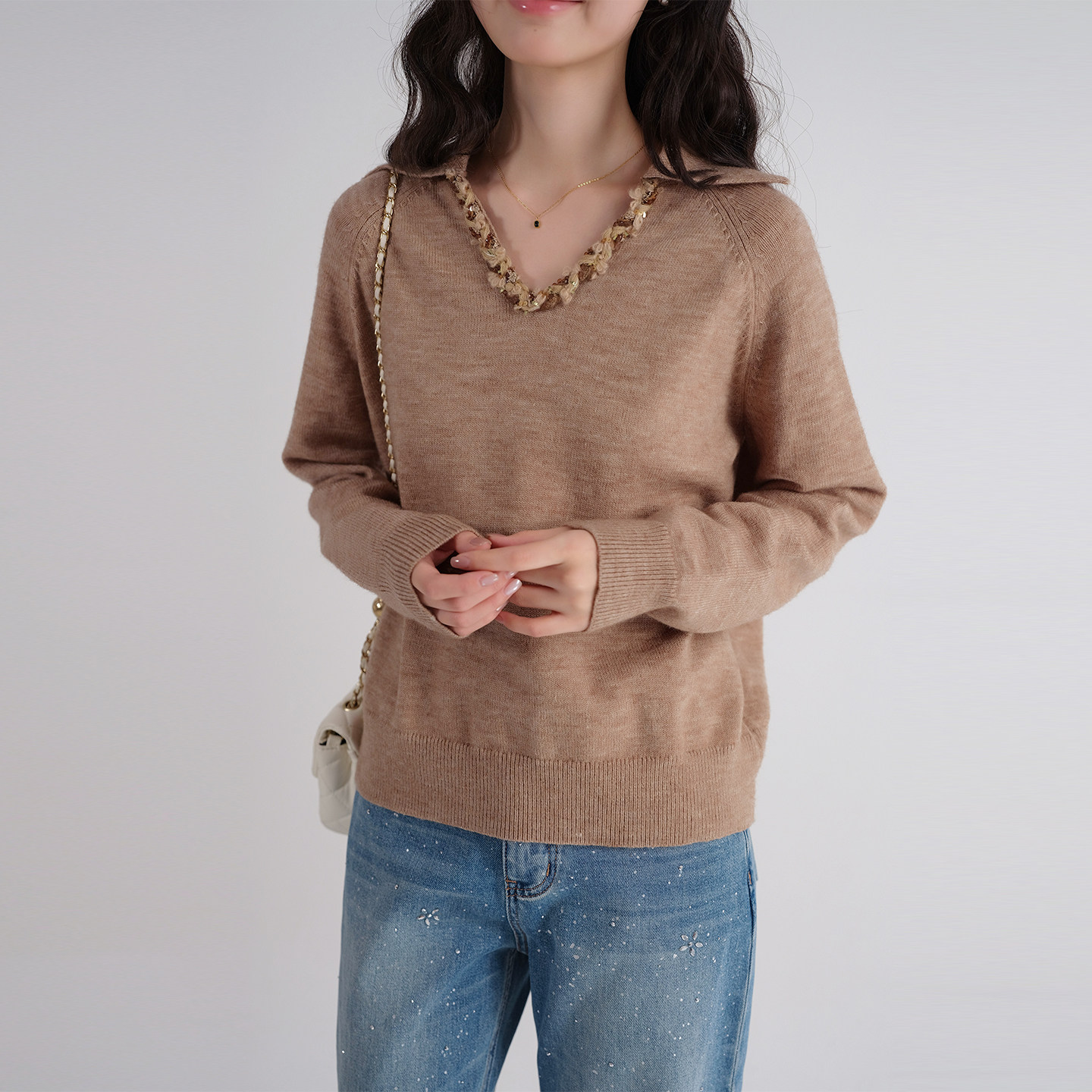 蓝若水大码女装2026春季新款亮片V领针织衫胖mm淑女气质宽松毛衣,淘宝优惠券,粉丝福利购,淘宝优惠卷