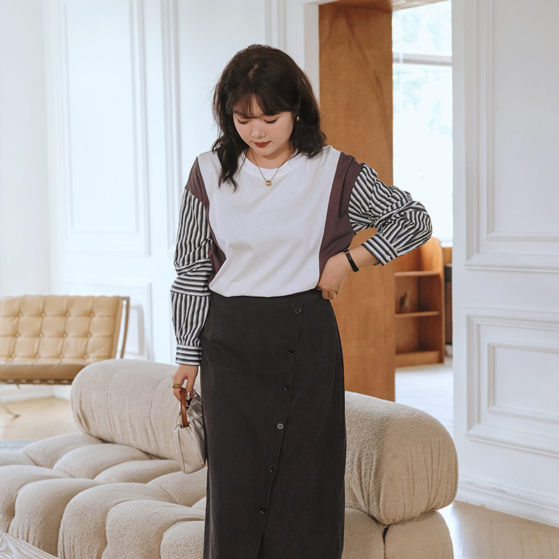 蓝若水大码女装条纹衬衫拼接卫衣胖MM2026春装新款洋气巨显瘦上衣,淘宝优惠券,粉丝福利购,淘宝优惠卷