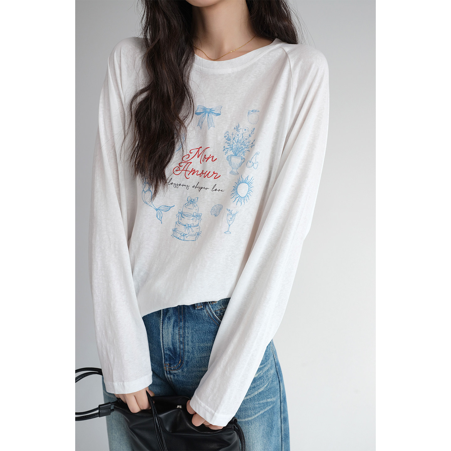 【韩系甜美印花T恤】蓝若水大码2026春装新款休闲内搭长袖上衣ins,淘宝优惠券,粉丝福利购,淘宝优惠卷