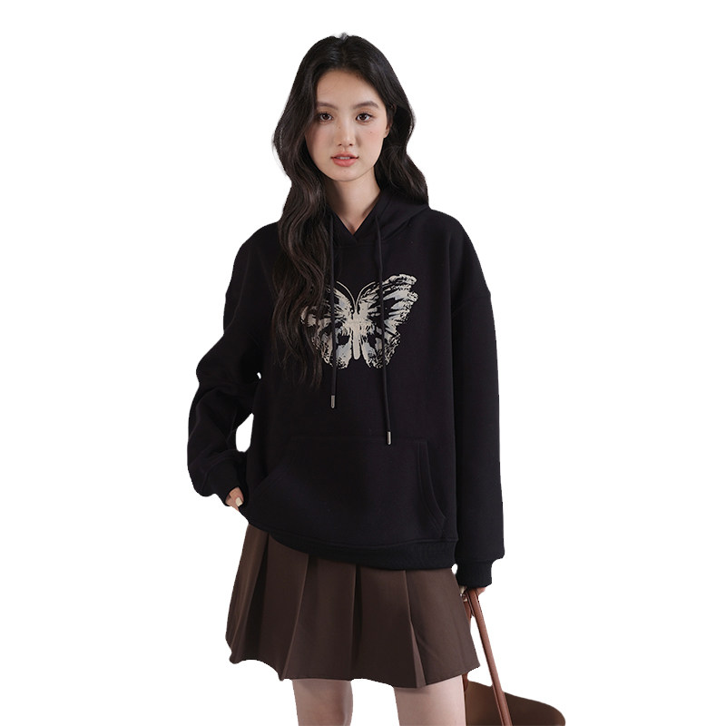 蓝若水大码女装蝴蝶印花连帽加绒卫衣胖mm冬季新款宽松保暖上衣,淘宝优惠券,粉丝福利购,淘宝优惠卷