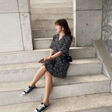 Летняя одежда, шифоновое платье, большой размер, свободный крой, V-образный вырез, цветочный принт, по фигуре, в западном стиле