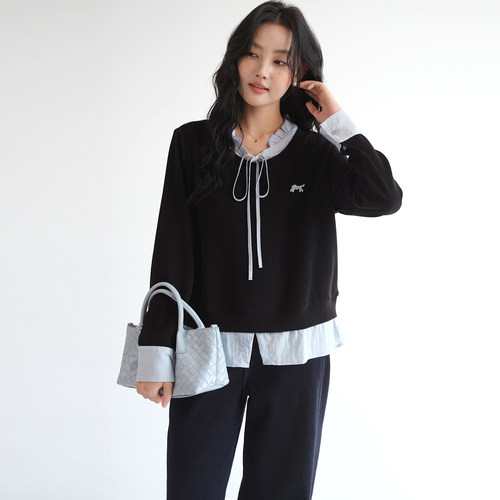 【减龄学院风假两件衬衫】蓝若水大码2026春装新款木耳边系带上衣 - 图2