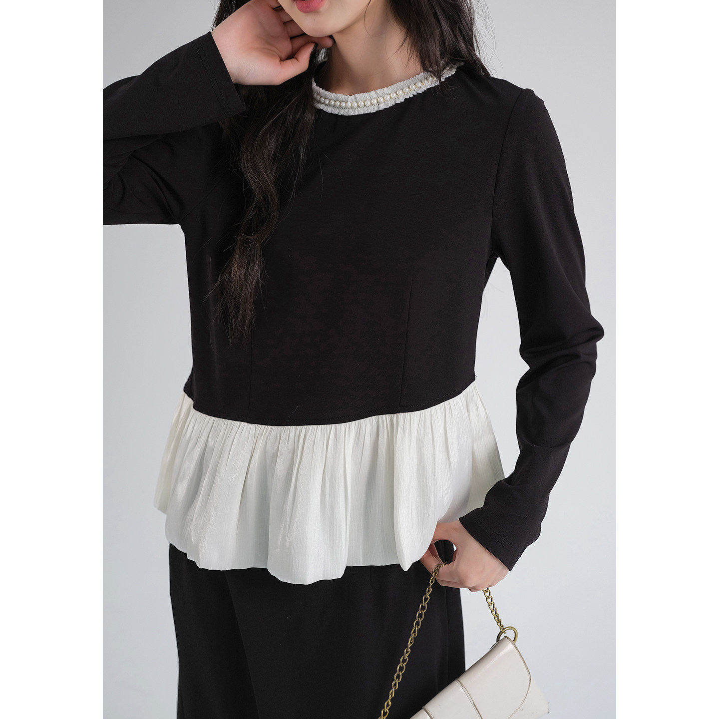 蓝若水大码女装2026春新款钉珠圆领撞色针织T恤胖mm收腰显瘦上衣,淘宝优惠券,粉丝福利购,淘宝优惠卷