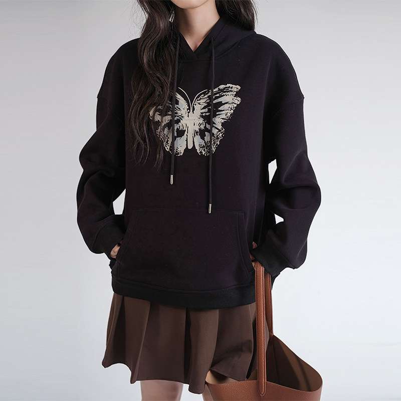 蓝若水大码女装蝴蝶印花连帽加绒卫衣胖mm冬季新款宽松保暖上衣,淘宝优惠券,粉丝福利购,淘宝优惠卷