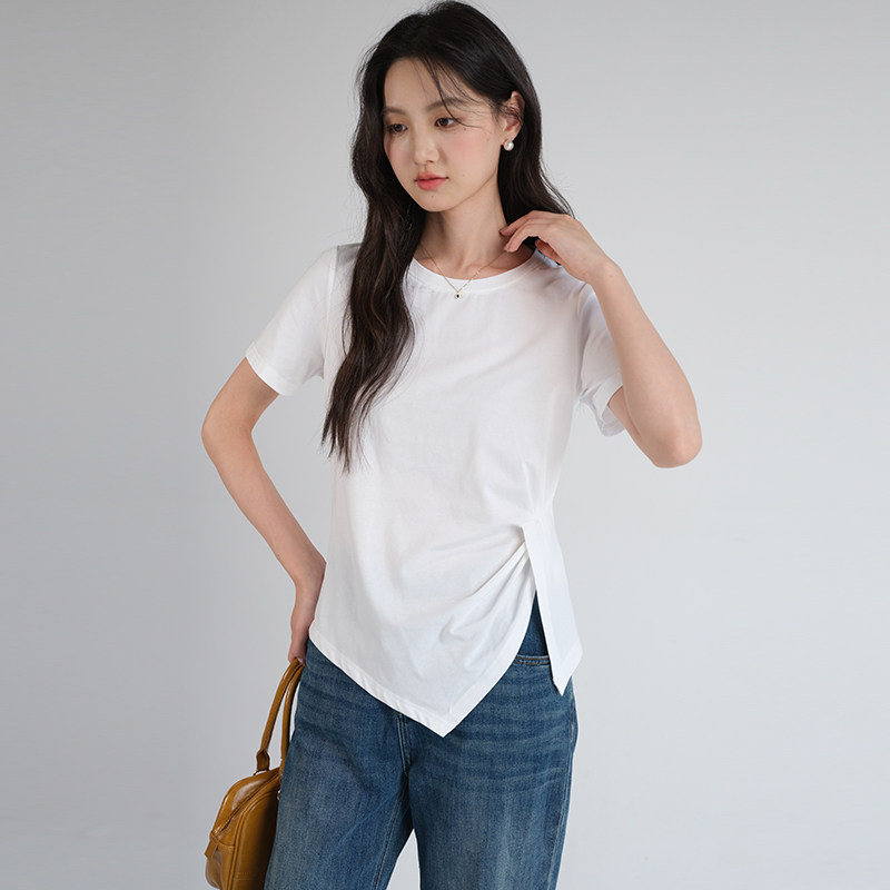 【不规则开叉短袖T恤】蓝若水大码2026夏装新款胖MM正肩圆领上衣,淘宝优惠券,粉丝福利购,淘宝优惠卷