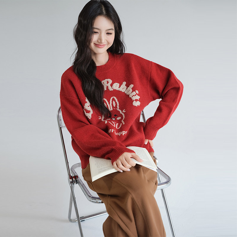 蓝若水大码女装复古红毛巾针织衫2026春新款宽松慵懒打底套头毛衣,淘宝优惠券,粉丝福利购,淘宝优惠卷