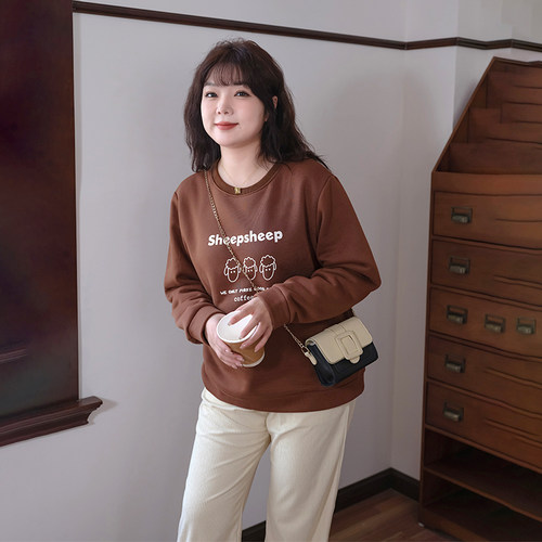 蓝若水大码女装宽松印花加绒卫衣胖MM春季新款巨显瘦休闲遮肚上衣 - 图0