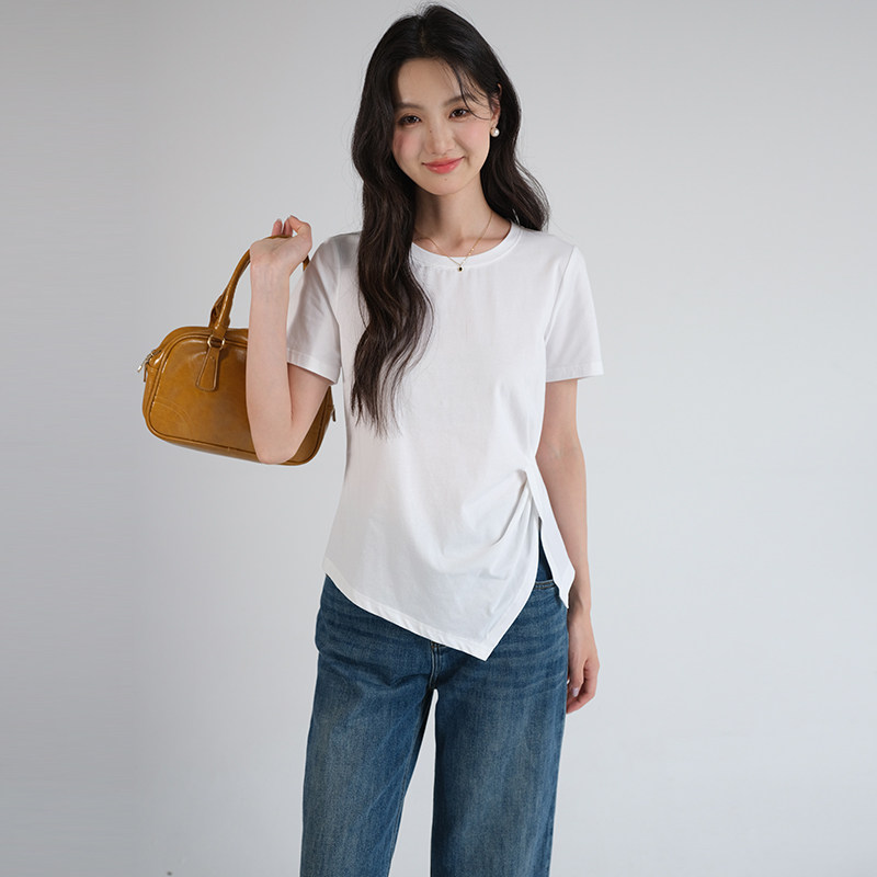 【不规则开叉短袖T恤】蓝若水大码2026夏装新款胖MM正肩圆领上衣,淘宝优惠券,粉丝福利购,淘宝优惠卷