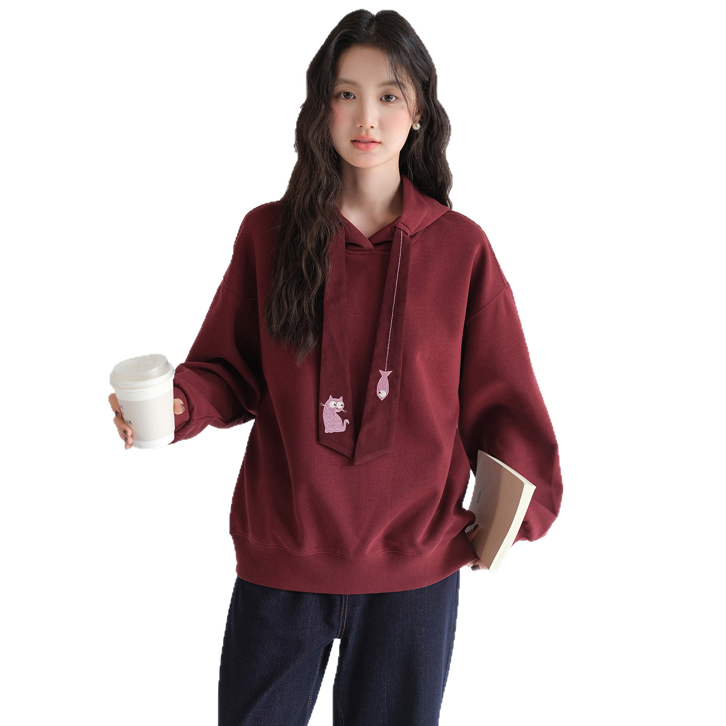 【猫咪刺绣连帽卫衣】蓝若水大码2026春装新款宽松加厚复古红上衣,淘宝优惠券,粉丝福利购,淘宝优惠卷