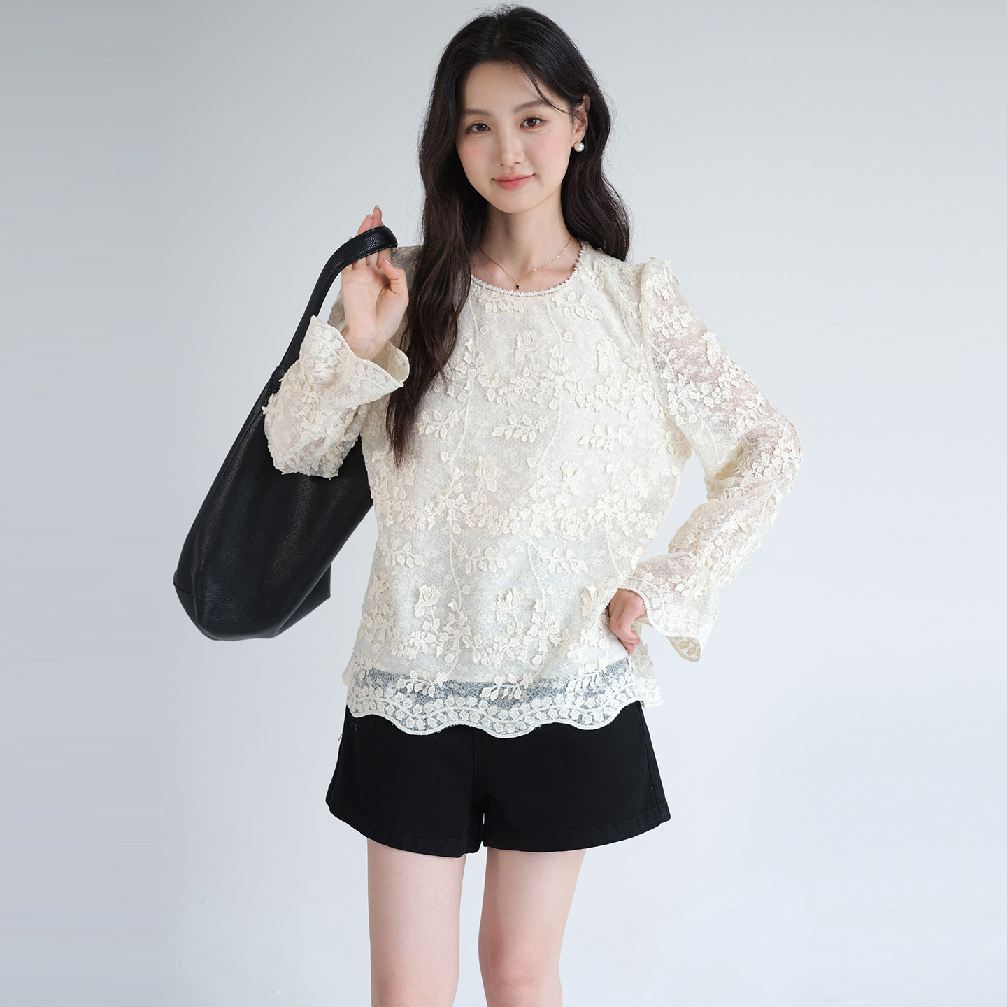 蓝若水大码女装2026春季新款亮片立体刺绣蕾丝衫胖mm法式轻奢上衣,淘宝优惠券,粉丝福利购,淘宝优惠卷