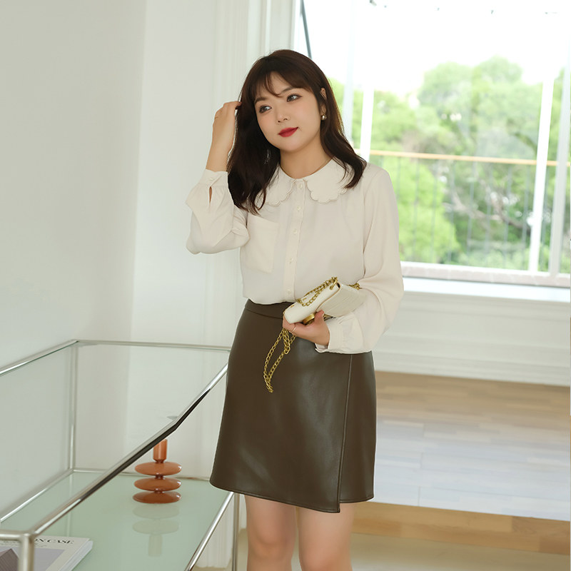 春装大码法式复古娃娃领雪纺衬衫 蓝若水大码女装