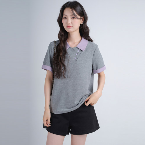 蓝若水大码女装撞色翻领Polo衫2026夏装新款胖MM小众别致短袖T恤 - 图0