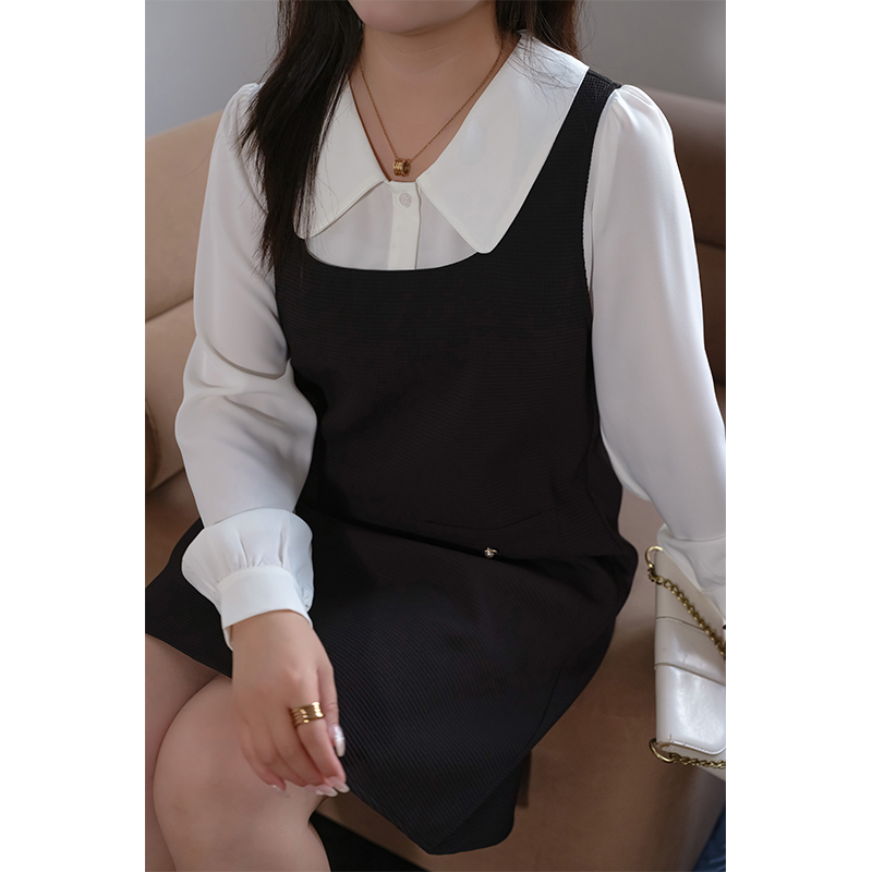 蓝若水大码女装翻领白衬衫背带连衣裙套装胖mm秋装减龄洋气两件套 - 图2