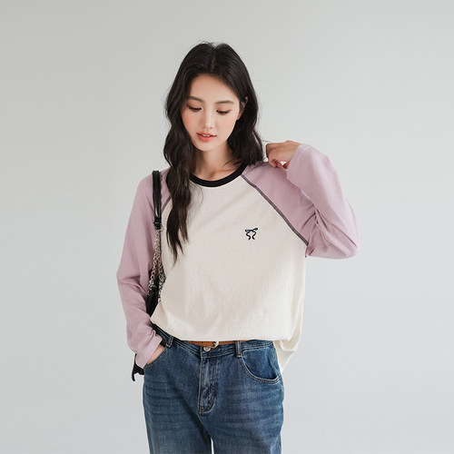蓝若水大码女装别致插肩长袖T恤胖mm春季新款宽松刺绣打底上衣 - 图0