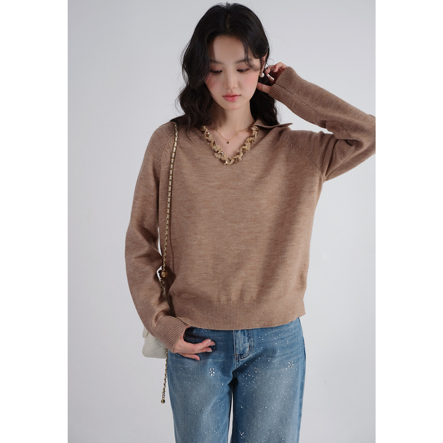 蓝若水大码女装2026春季新款亮片V领针织衫胖mm淑女气质宽松毛衣,淘宝优惠券,粉丝福利购,淘宝优惠卷