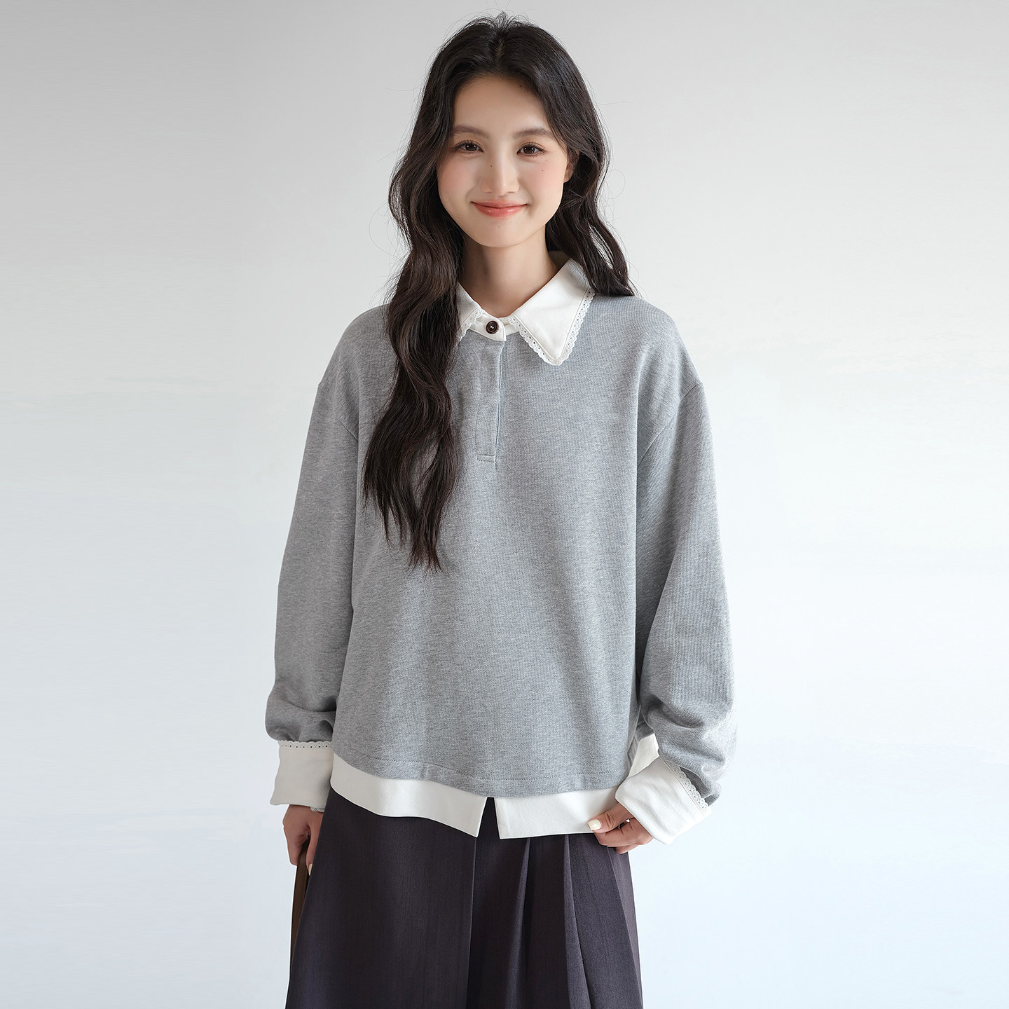 蓝若水大码女装假两件花边翻领卫衣胖MM春新款休闲宽松设计感上衣,淘宝优惠券,粉丝福利购,淘宝优惠卷