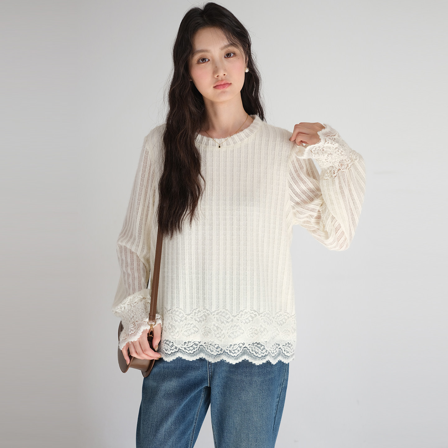 【磨毛肌理感条纹蕾丝衫】蓝若水大码2026春装新款遮肚子宽松上衣,淘宝优惠券,粉丝福利购,淘宝优惠卷