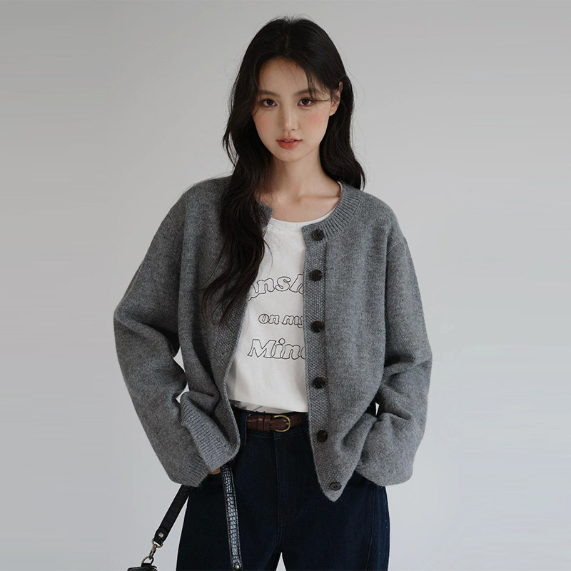 蓝若水大码女装高级感灰色针织开衫胖MM春季新款减龄气质毛衣外套,淘宝优惠券,粉丝福利购,淘宝优惠卷