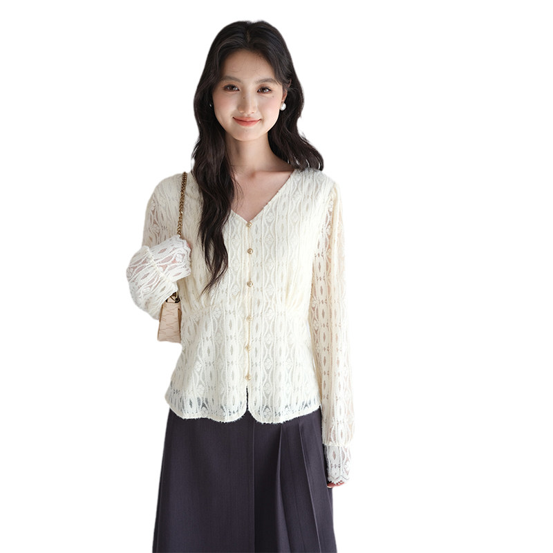 蓝若水大码女装洋气v领磨毛蕾丝衬衫微胖mm春装收腰显瘦长袖上衣,淘宝优惠券,粉丝福利购,淘宝优惠卷