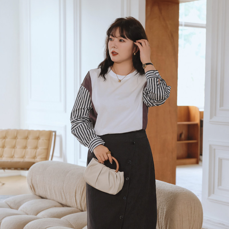 蓝若水大码女装条纹衬衫拼接卫衣胖MM2026春装新款洋气巨显瘦上衣,淘宝优惠券,粉丝福利购,淘宝优惠卷