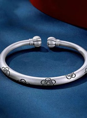 纯银古法手镯手环开口实心复古