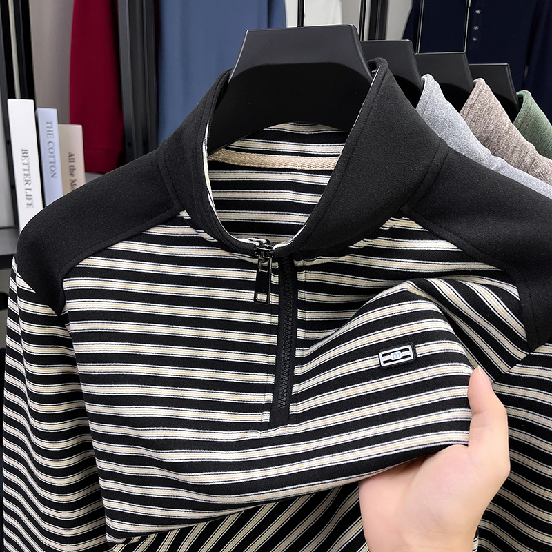 双面绒春秋男士磨毛卫衣半拉链立领条纹长袖T恤休闲百搭上衣潮流 - 图2