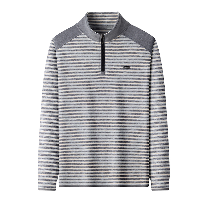 双面绒春秋男士磨毛卫衣半拉链立领条纹长袖T恤休闲百搭上衣潮流 - 图3