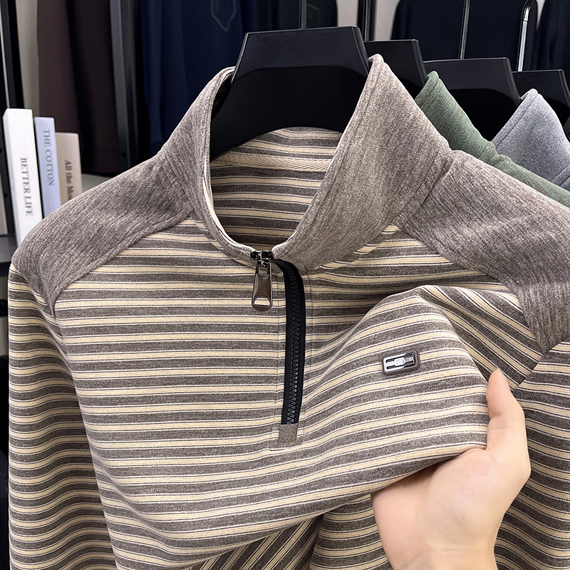 双面绒春秋男士磨毛卫衣半拉链立领条纹长袖T恤休闲百搭上衣潮流 - 图0