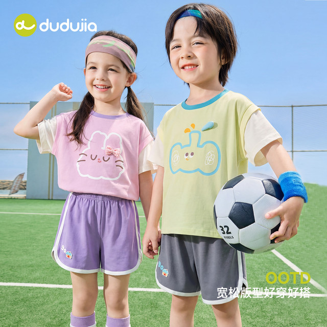 ຊຸດເດັກນ້ອຍ Dudujia summer boys't-shirt pants girls 2026 new short-sleeved shorts baby summer clothes category a