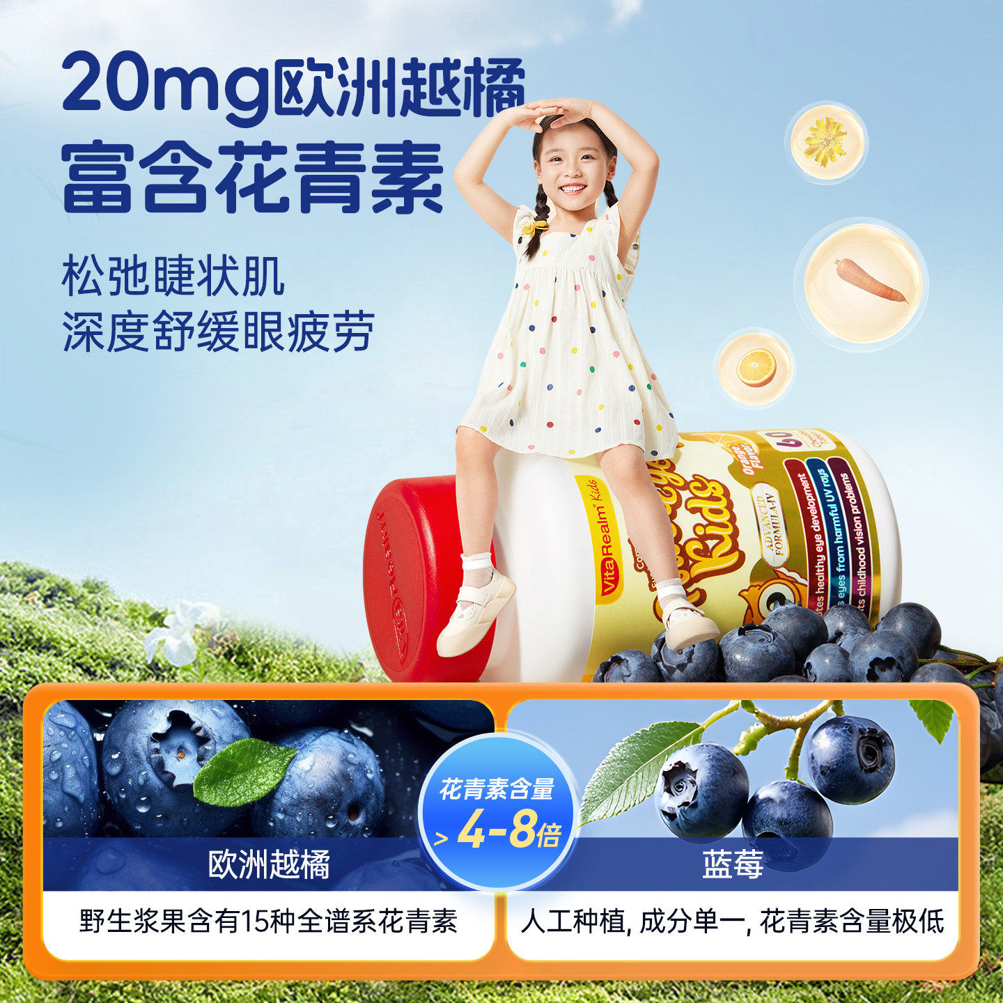 维乐原儿童叶黄素蓝莓幼儿美国专利保护眼睛非软糖维生素咀嚼片