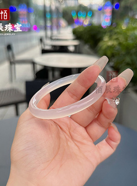 天然高冰玛瑙手镯白月光镯子8MM玉髓美人条玉镯冰透高级感手镯子