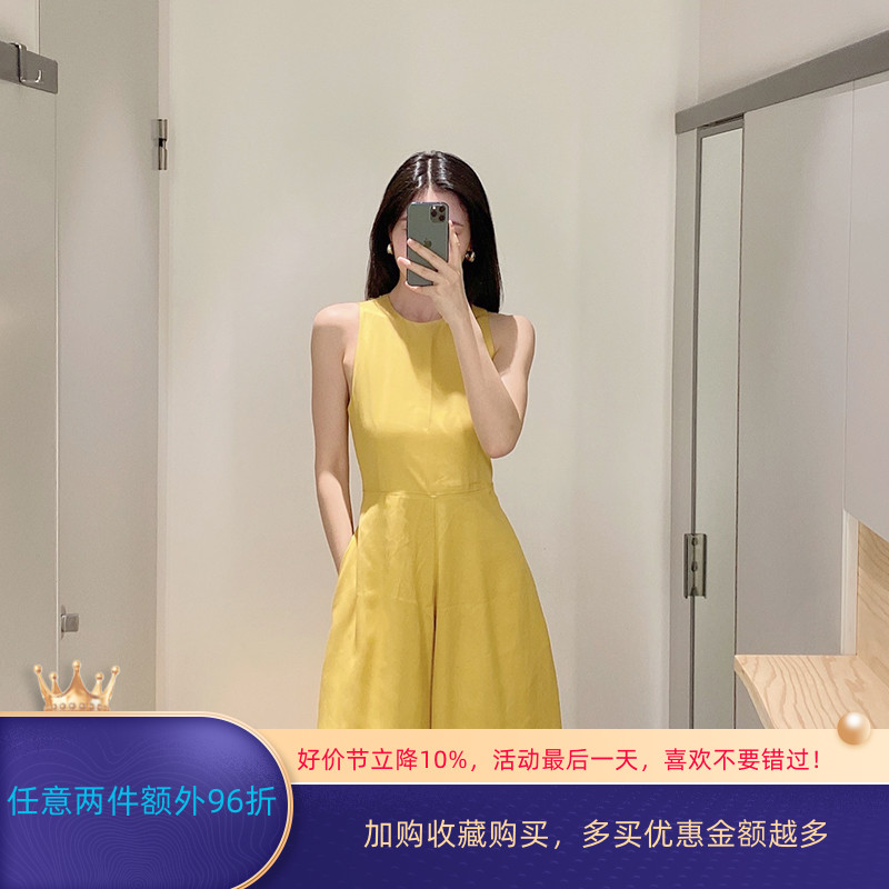 极简cos风黄色通勤无袖收腰显瘦露背阔腿连体裤24年夏季新款女装