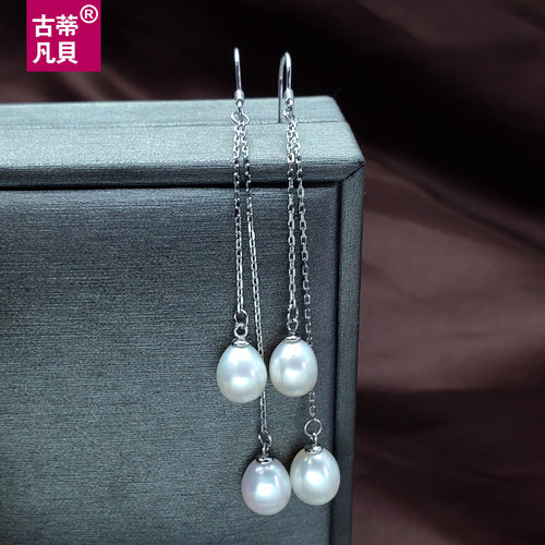 【古蒂】长款天然淡水珍珠耳坠S925纯银珍珠耳勾防过敏珍珠耳环女 - 图0