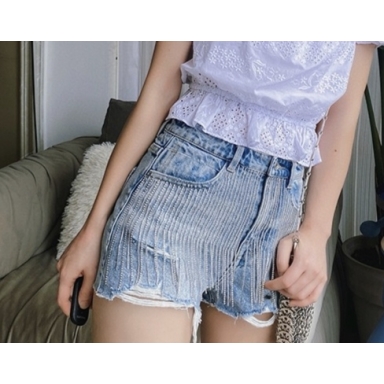 专柜直发2021春夏新款钻饰流苏破洞毛边牛仔短裤女 6N2JJ3590000 - 图0